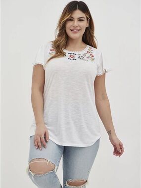 Torrid Knit Crewneck Floral Embroidered Yoke Flutter Sleeve Tee 00